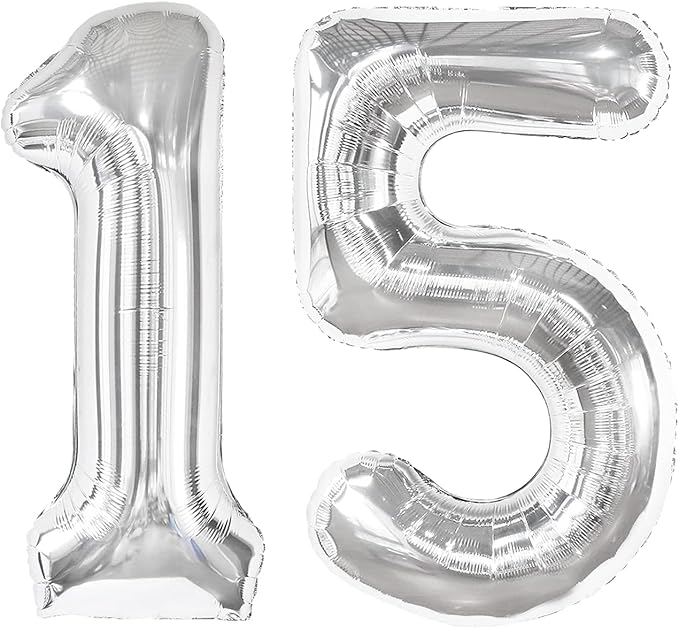 Silver Number 15 Balloon 40 inch, 15 Number Balloons, 15th Silver Birthday Decorations for Girls Boys Kids, 15 Year Old Silver Party Supplies