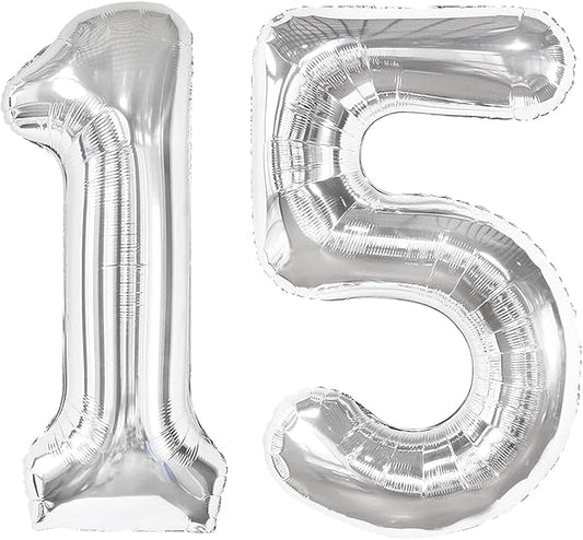 Silver Number 15 Balloon 40 inch, 15 Number Balloons, 15th Silver Birthday Decorations for Girls Boys Kids, 15 Year Old Silver Party Supplies
