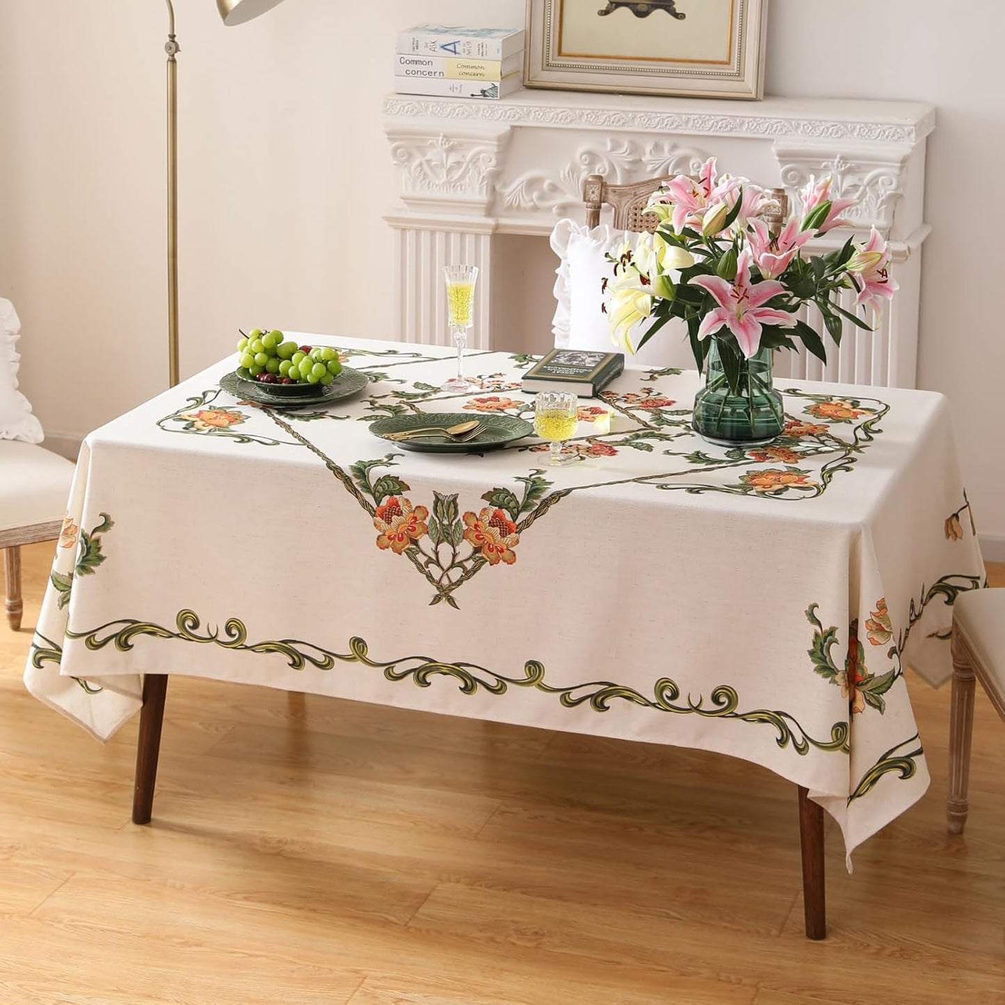patdrea Designer Linen Rectangle Tablecloth,Vintage French Floral Tablecloths,Wrinkle Free Table Cloth,Decorative Table Cover Cloth for Kitchen,Dining,Tea Party,Home,Christmas,55"*87"