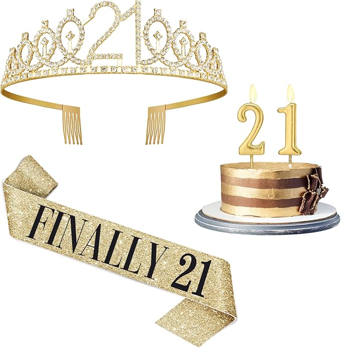 21st Birthday Decorations for Her with 21st Birthday Sash and Crown, Candles Gold, Gifts for 21 Year Old Girls