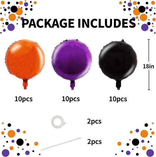 TONIFUL 30Pcs 18 Inch Black Orange Purple Round Shape Foil Balloons Big Circle Helium Mylar Ballons for Birthday Wedding Halloween Baby Shower Anniversary Engagement Party Decor Supplies