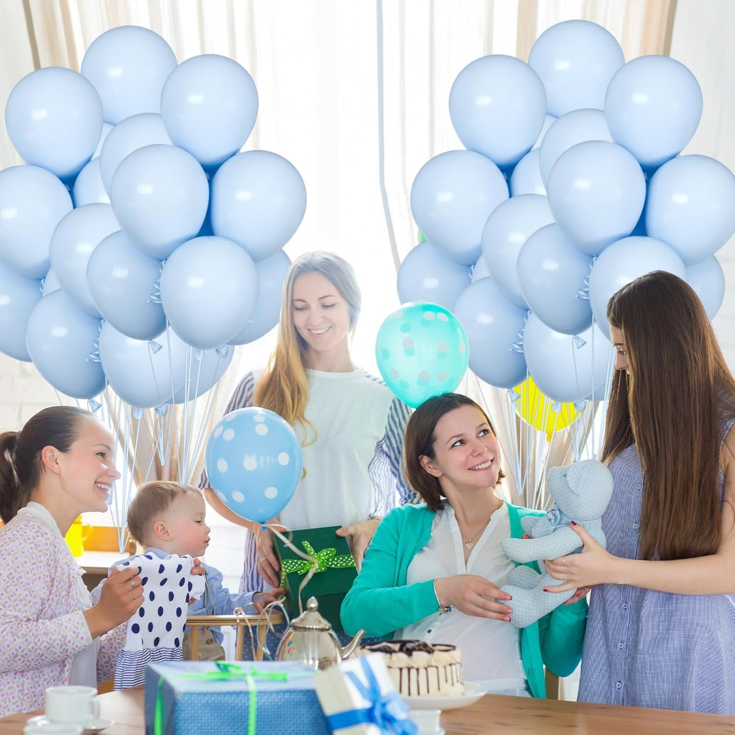 50pcs Pastel Blue Balloons, 12inch Light Blue Balloon for Birthday Baby Shower Gender Reveal Wedding Party Decoration (With Ribbon & Glue)