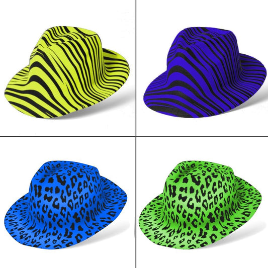 Novelty Place Neon Animal Print Plastic Party Hats, Fedora with Gangster Mafia Style, Blacklight Glow Party Hats(12/24 Pack)