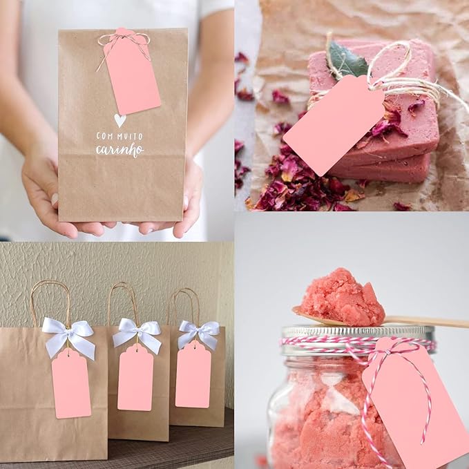 G2PLUS Pink Paper Gift Tags, 100PCS Kraft Paper Tags with String, 2x4 in Blank Hang Tag, Wedding Favor Tag for Gift Wrapping, Arts & Crafts, Valentine's Day, Thanksgiving, and Holiday Party Favors