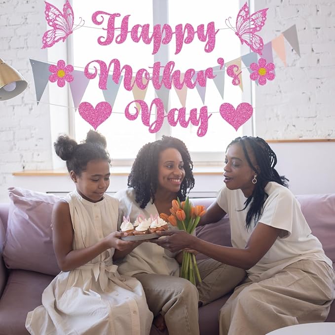 Happy Mother's Day Banner Set Decoration for Mother's Day Party Decorations Backdrop Garland for Mom Mother's Day Glitter Garland Photo Props (Pink Butterfly)