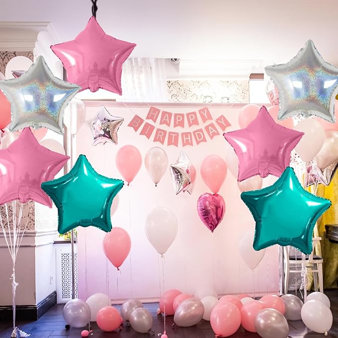 Pink and Teal Blue Star Foil Balloons, 10PCS Laser Silver Foil Stars Shape Balloon, 18 Inch Metallic Turquoise Stars Balloons Helium for Girls Women Birthday, Mermaid, Baby Shower Party Decoration