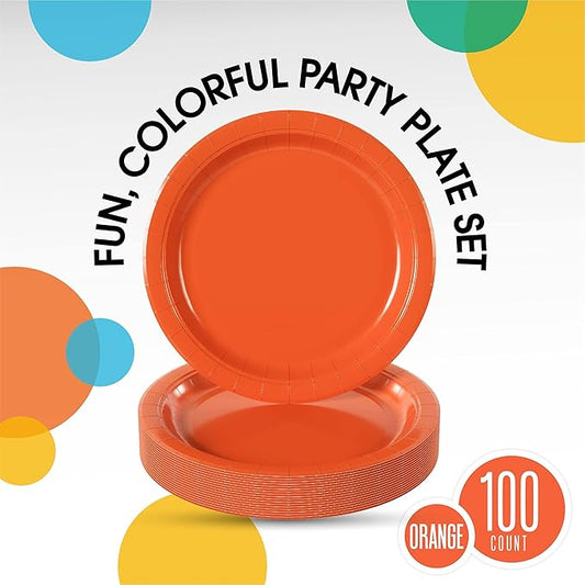 Exquisite Party Solids Orange Paper Plates Disposable Heavy Duty 7 Inch Orange Disposable Plates For Party 100 Pcs Heavy Duty 350 GSM, Birthday Supplies