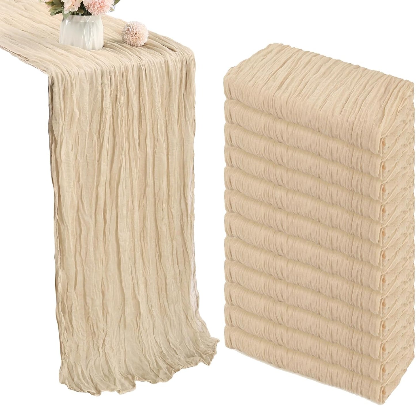 12 Pack 10FT Beige Cheesecloth Table Runner 35x120 Inch Gauze Rustic Boho Fall Table Runner Cheese Cloth for Thanksgiving Wedding Decor Birthday Party Bridal Baby Shower Table Centerpiece Decoration