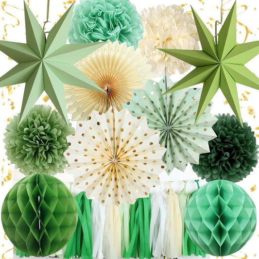 Green Party Decorations - Sage Greens Birthday Decoration - 15PCS Paper Decorations for Women Men Girl Boy,Hanging Backdrop for Engagement,Green Boho Wedding,Baby Shower,Bridal Shower,Garden Party