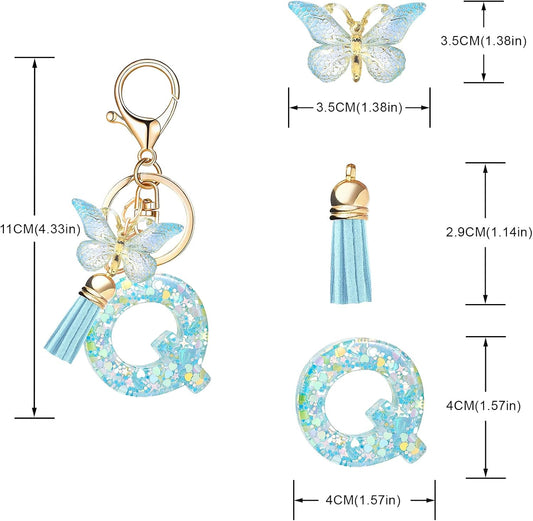 Fashion Alphabet Initial Letter Keychain Tassel Butterfly Pendant Key Ring for Purse Handbags Women Girl