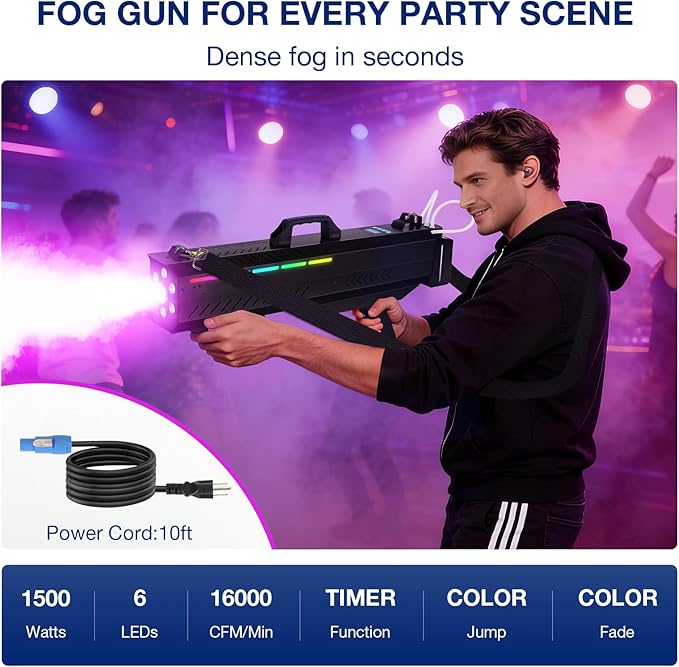 Handheld Fog Machine Gun for Party - 1500W Smoke Cannon with Color Changing Lights for DJ Events Concerts Parties Halloween Live Shows Stage Performances