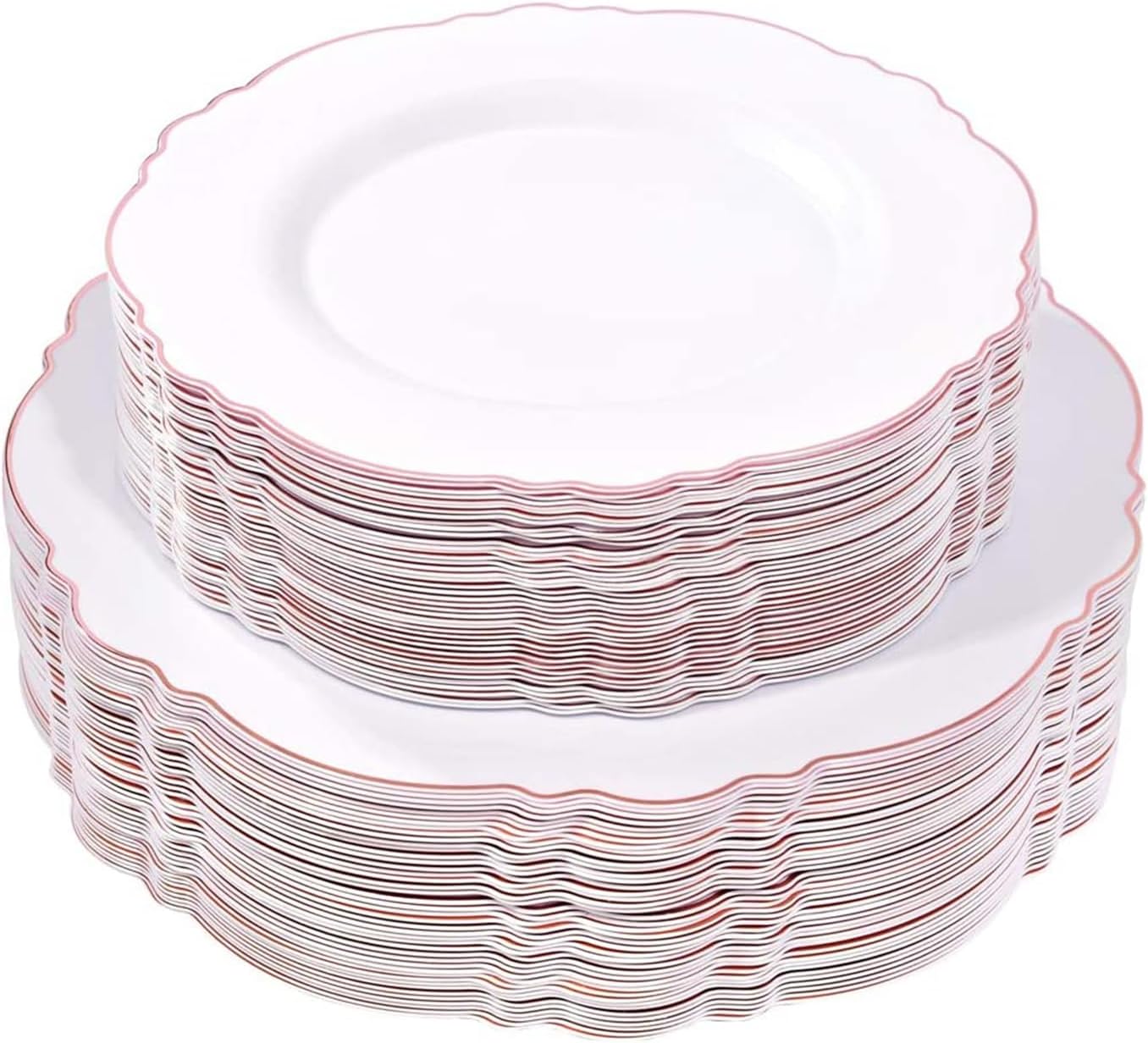 WDF 100pcs Rose Gold Plastic Plates-Baroque White &Rose Gold Disposable Plates including 50Plastic Dinner Plates 10.25inch,50Salad Plates 7.5inch for Wedding & Parties