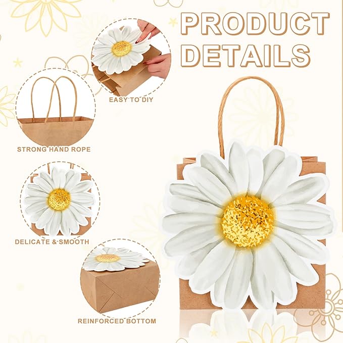 FYSUIMU 24 Pcs Daisy Kraft Paper Gift Bags with Handle Daisy Flower Party Favor Bags Cute Floral Goodie Candy Treat Bag for Spring Summer Mother's Day Wedding Birthday Bridal Shower