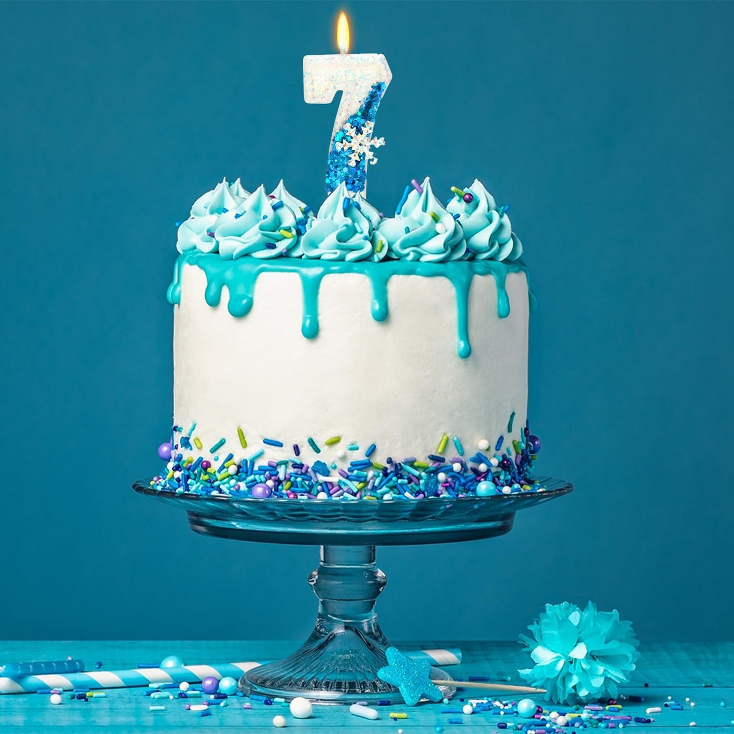 Snow Themed Birthday Candles, 7th Birthday Candle for Party Supplies, Winter Birthday Party Supplies, 2.76 inch Number 7 Cake Topper Decoration (Number 7)