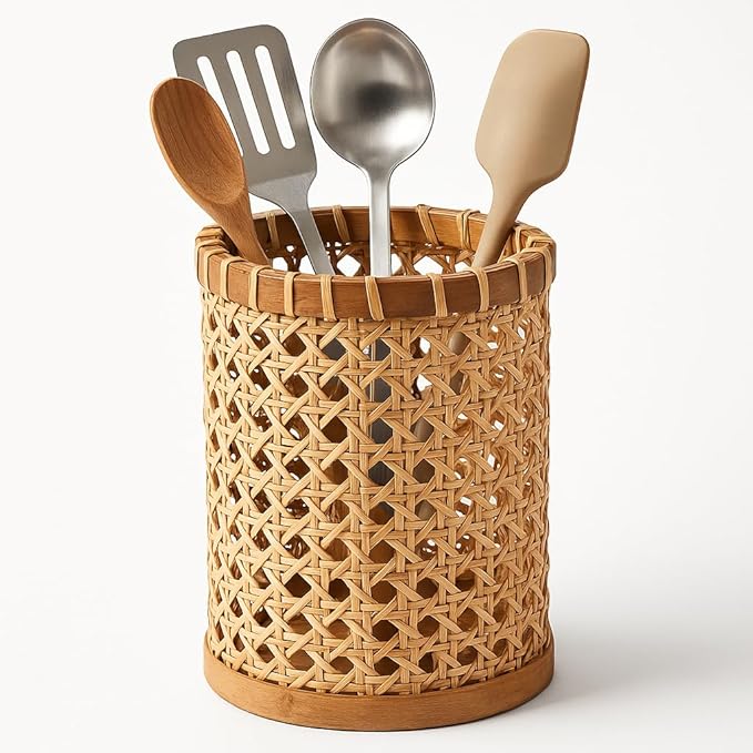 Boho Utensil Holder - Handwoven Rattan Utensil Holder for Kitchen and Countertop | Natural Woven Organizer for Rustic Kitchen Decor, Boho Basket for Cooking Tools and Tabletop Storage