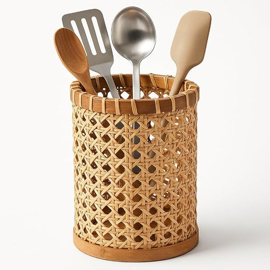 Boho Utensil Holder - Handwoven Rattan Utensil Holder for Kitchen and Countertop | Natural Woven Organizer for Rustic Kitchen Decor, Boho Basket for Cooking Tools and Tabletop Storage
