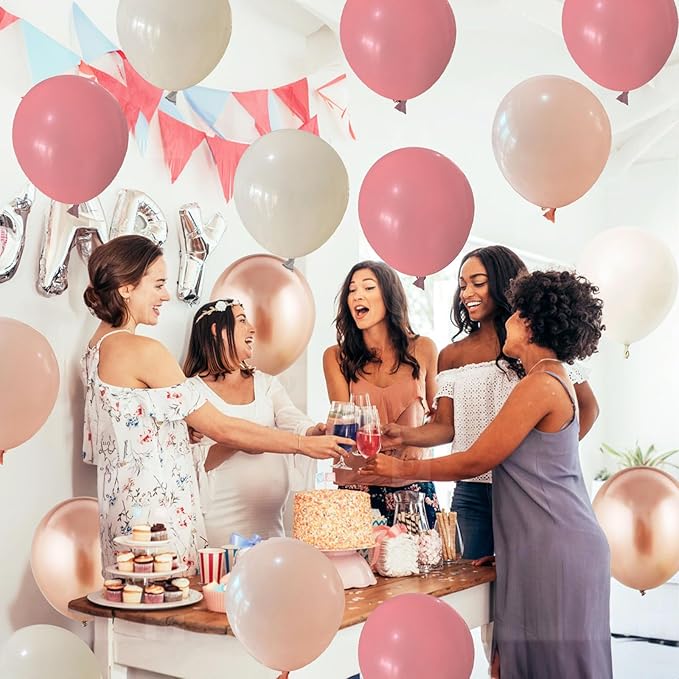 Dusty Pink Balloons Set, 60pcs 12 inch Retro Blush Pink Ivory White Metallic Rose Gold Nude Beige Latex Balloons Kit for Girls Women Birthday Bridal Baby Shower Weddings Party Decoration