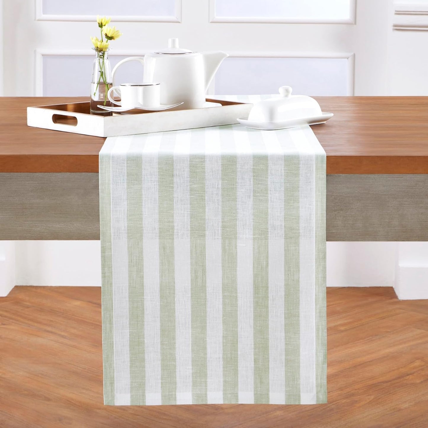Solino Home Linen Table Runner 72 Inches Long - Sorrento Stripe, 100% Pure Linen Sage and White Table Runner 14 x 72 Inch for Dining, Dresser, Fall, Autumn, Halloween, Thanksgiving, Christmas
