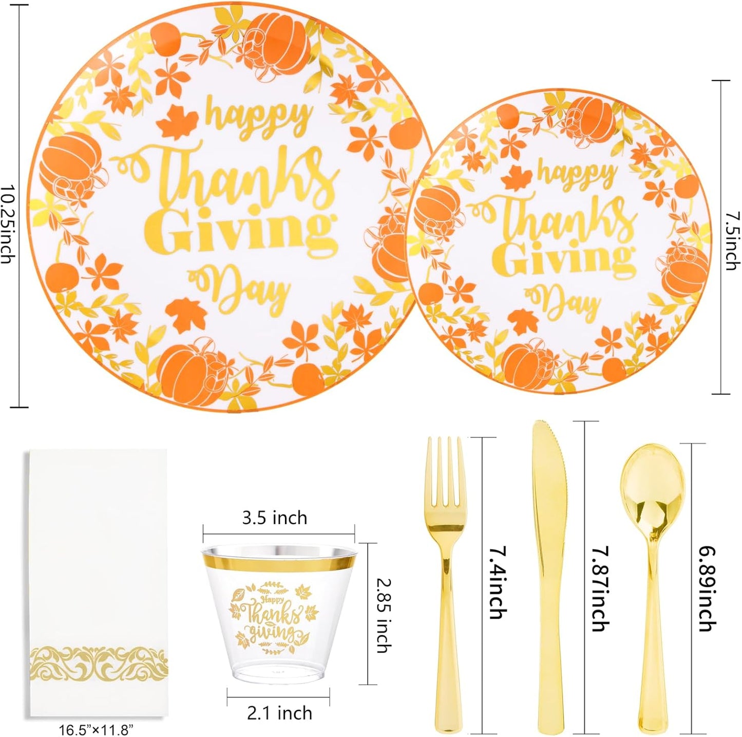 Supernal 175pcs Thanksgiving Plastic Dinnerware Set,Disposable Plates with Gold Plastic Silverware and Cups,Pumpkin and Maple Leaf Design for Thanksgiving Day Party