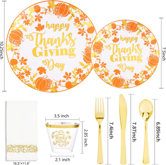 Supernal 175pcs Thanksgiving Plastic Dinnerware Set,Disposable Plates with Gold Plastic Silverware and Cups,Pumpkin and Maple Leaf Design for Thanksgiving Day Party