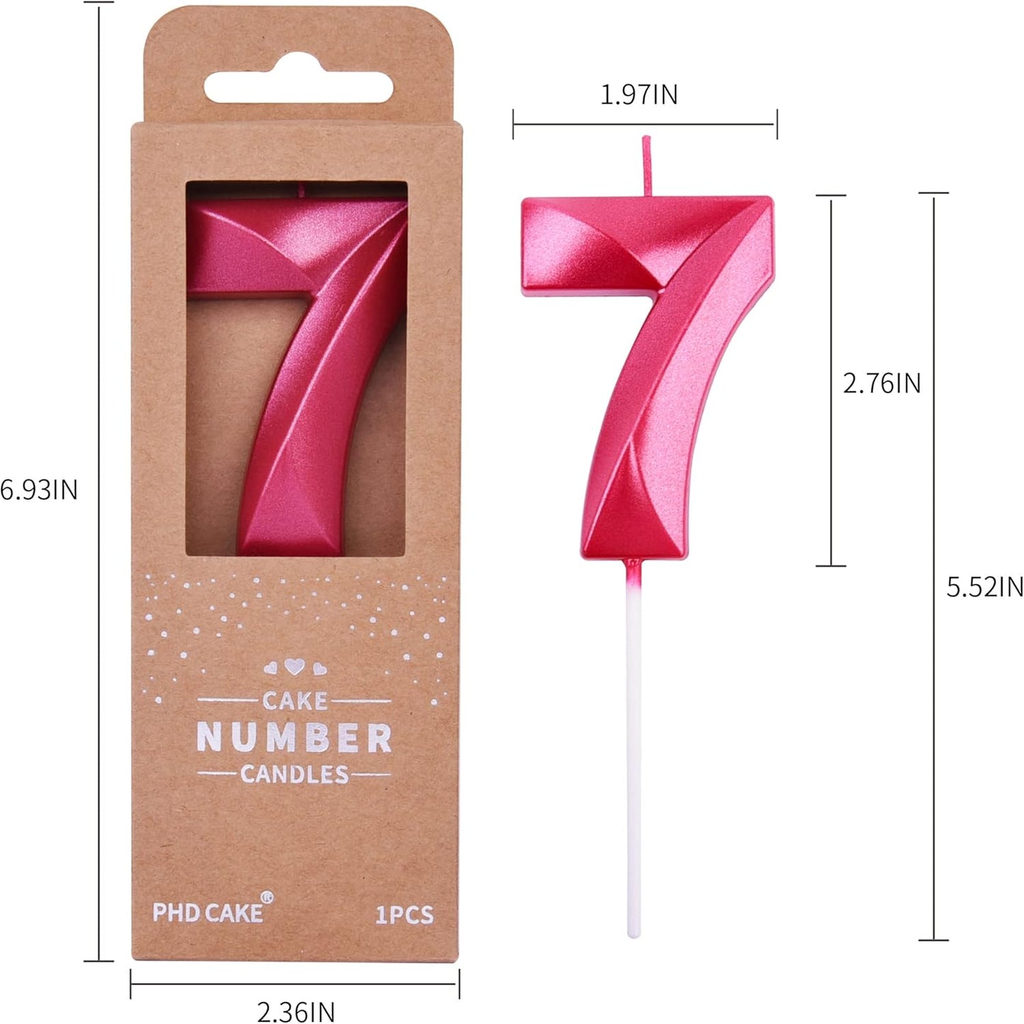 PHD CAKE 2.76 Inch Diamond Red 7 Number Birthday Candles, Cake Candles for Party Celebration