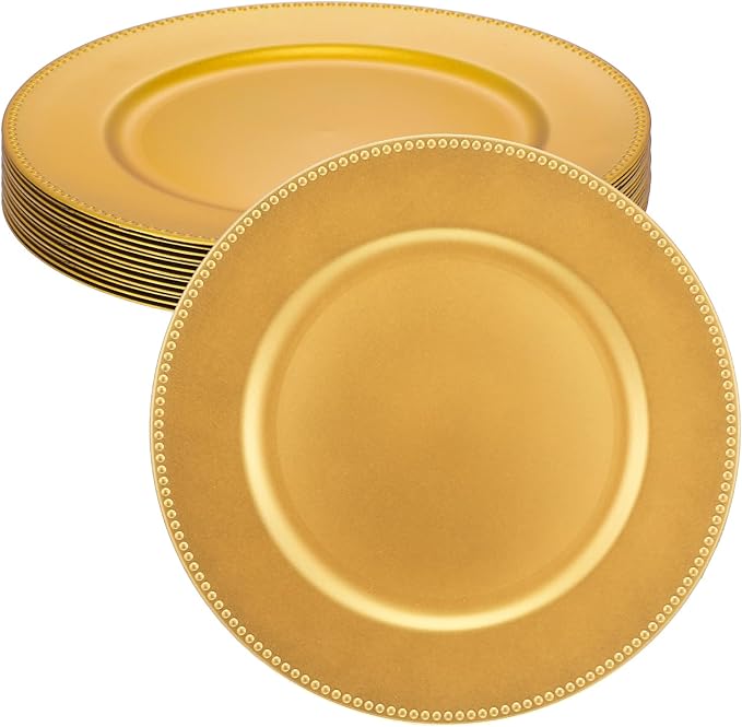 12 Pack Gold Plastic Charger Plates, 13 Inch Round Beaded Decorative Dinner Chargers for Wedding, Party, Table Setting and Event Decor