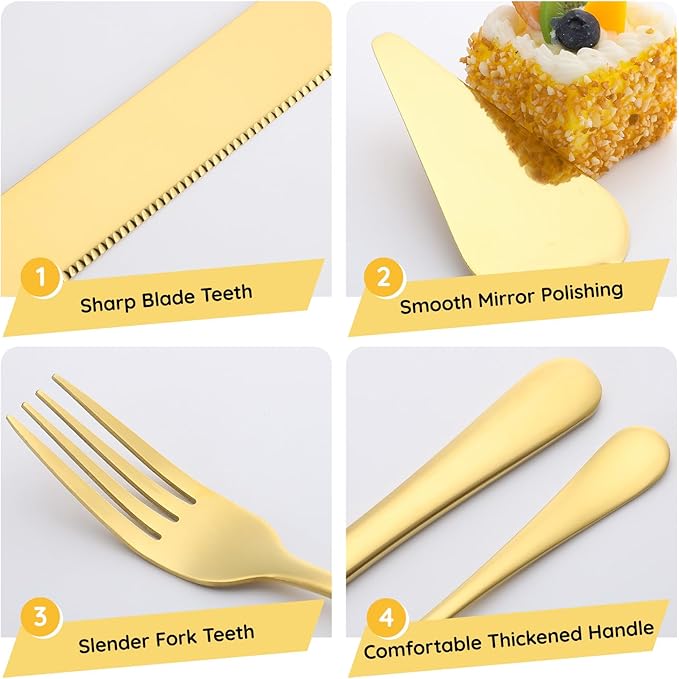 SUREAM Gold Cake Slicer 4PCS, 13 Inch Extended Wedding Cake Knife Stainless Steel, Pie Knife and Server for Wedding Birthday Anniversary Christmas Party and Event Gift