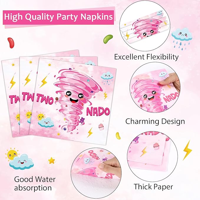96Pcs Two Nado Party Supplies Pink Two Nad Disposable Paper Plates Napkins 2nd Birthday Decorations Girls 2 Year Old Birthday Dinnerware Party Favor Baby Tableware Serves 24