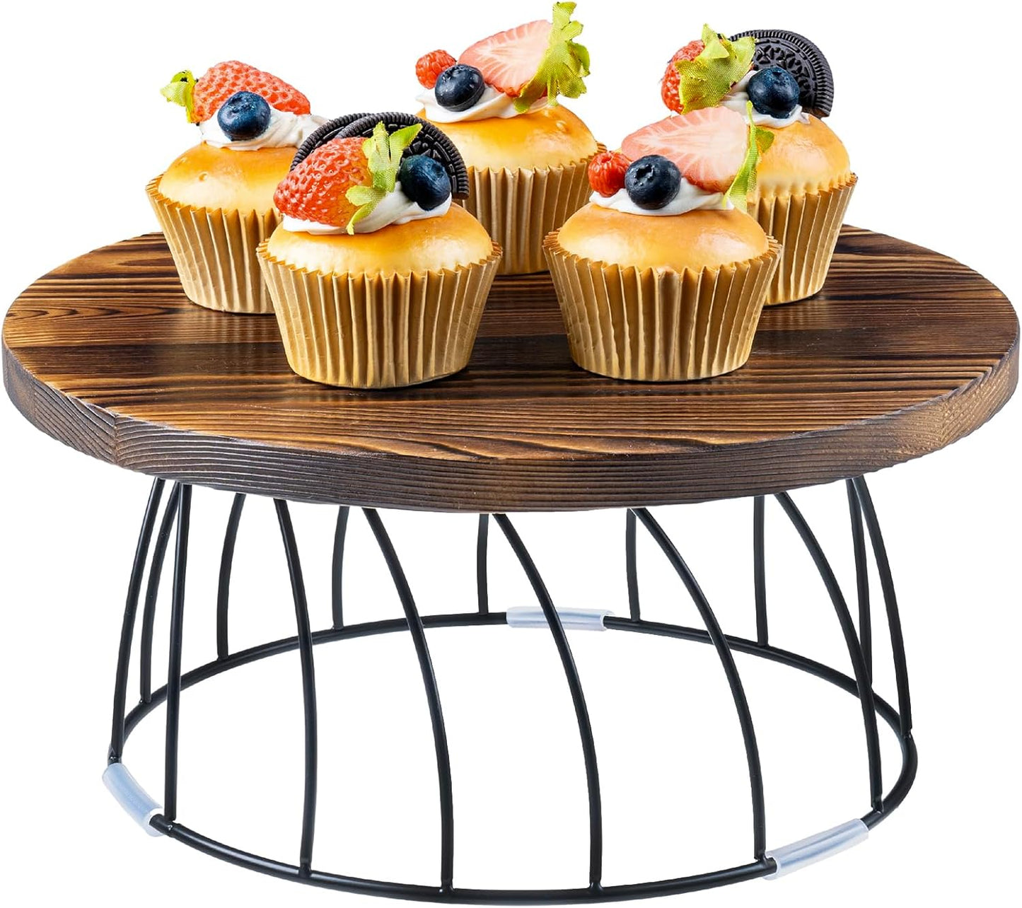 MyGift 12 Inch Round Rustic Burnt Solid Wood and Black Metal Wire Food Serving Stand, Table Display Riser for Pizza Cake Cupcake Pie Dessert Wedding Party Urban Decor