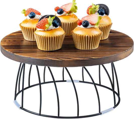 MyGift 12 Inch Round Rustic Burnt Solid Wood and Black Metal Wire Food Serving Stand, Table Display Riser for Pizza Cake Cupcake Pie Dessert Wedding Party Urban Decor