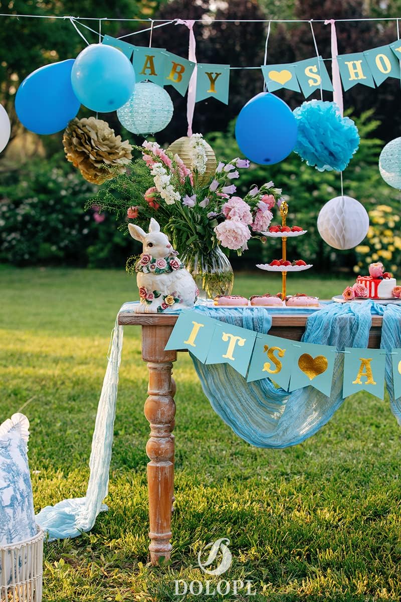 DOLOPL 8PCS Baby Blue Cheesecloth Table Runner Bulk 13.3ft Boho Gauze Cheese Cloth Table Runner Rustic Sheer Runner 160inch Long for Wedding Bridal Baby Shower Birthday Party Cake Table Decorations