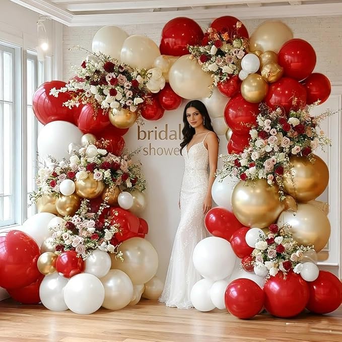 Red White Gold Balloon Garland Double Stuffed Burgundy Red White Sand Pearl Balloon Arch Kit Maroon Wine Balloons for Mother's Day Birthday Bridal Shower Wedding Graduation Party Decorations