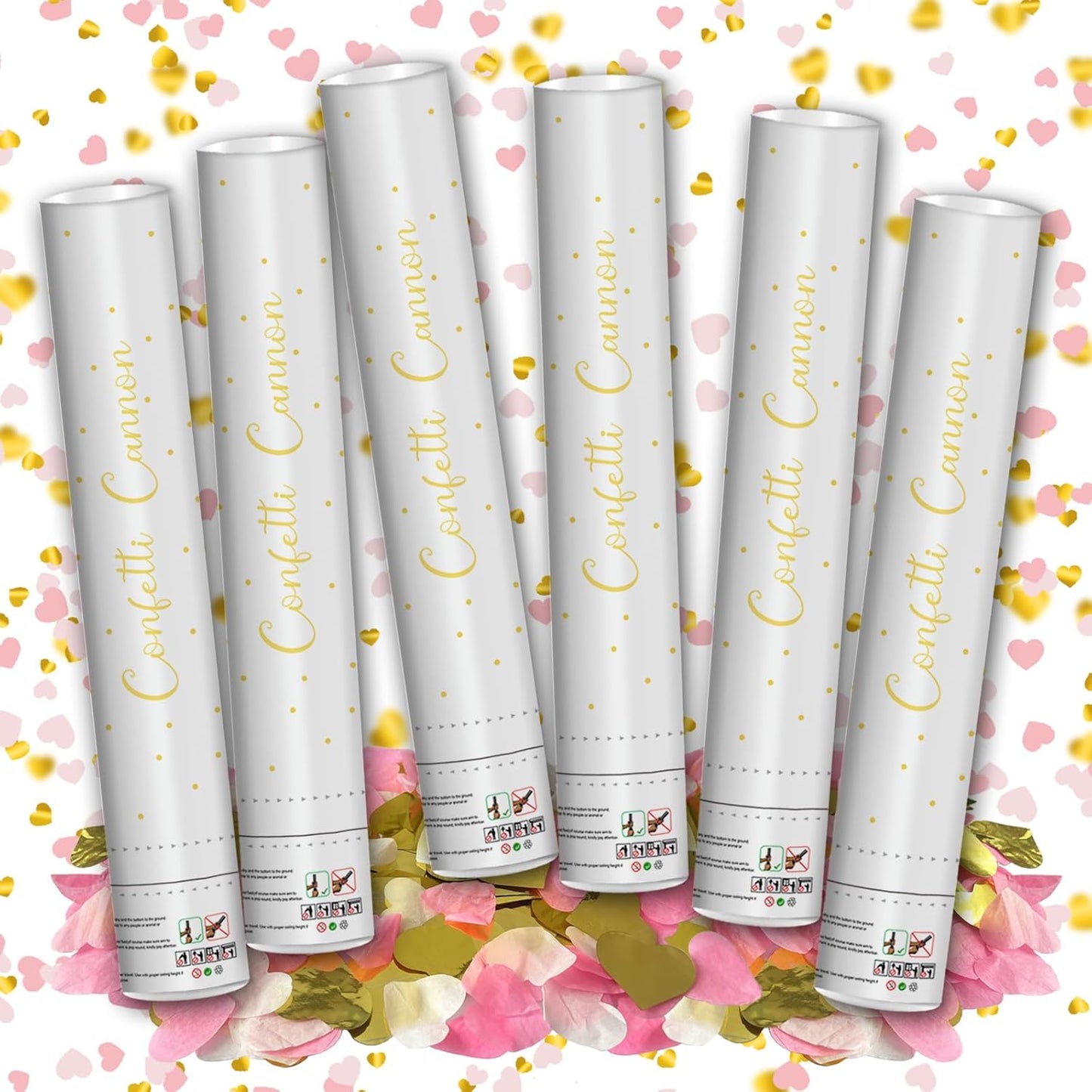 12" Confetti Cannons with Pink & Gold Heart Filling - Party Poppers for Gender Reveal Baby Shower Bridal Shower Valentine Wedding Anniversary - Easy to Use - Pack of 6