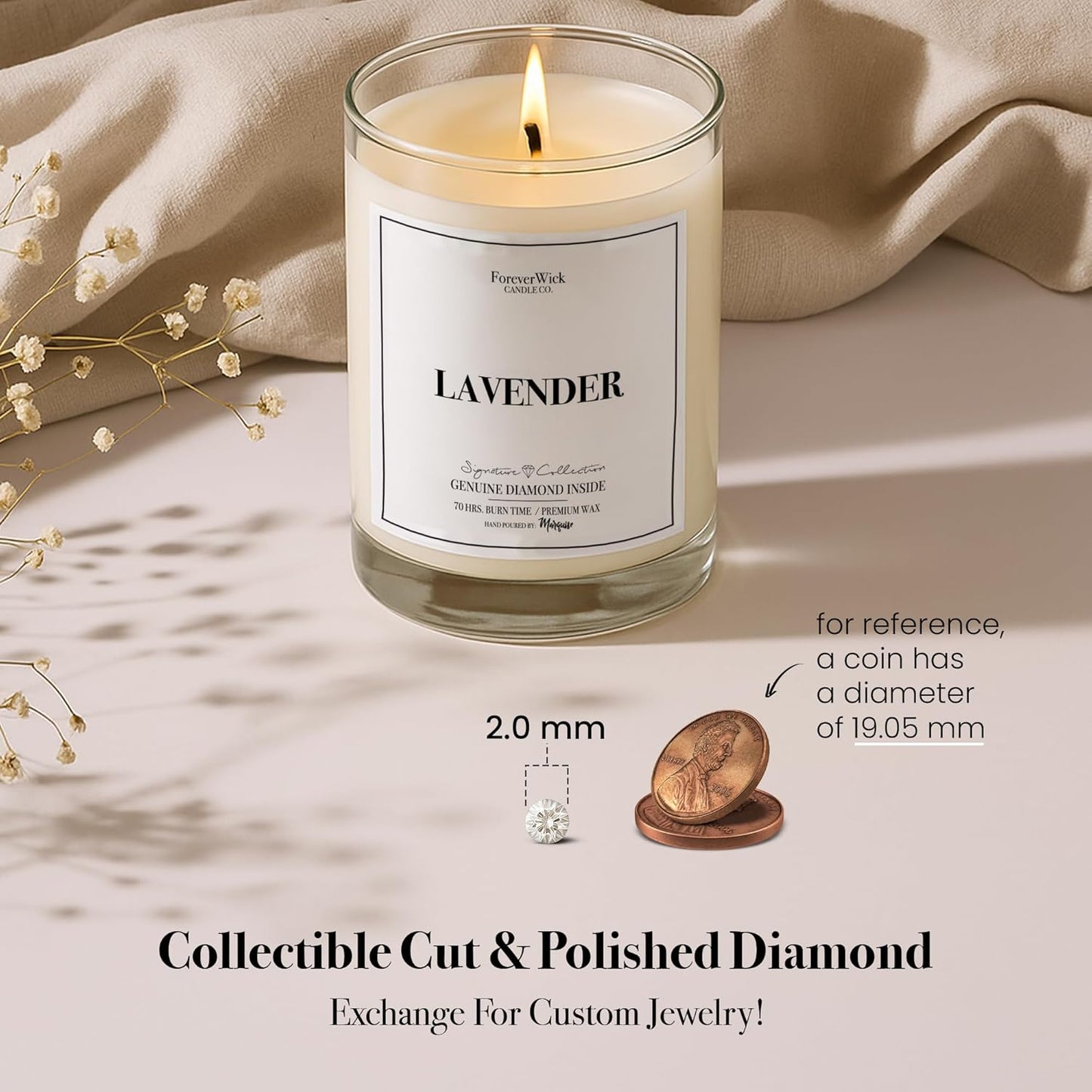 Lavender & Magnolia Surprise Candle with Diamond Inside | Foreverwick Candles | Scented Soy Candles Gifts for Women Aromatherapy Candle Wax | Romance Candles All-Natural Organic Soy Candle 14oz | 70h