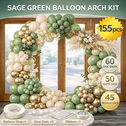 Sage Green Balloon Arch Kit-155pcs Sage Green Sand White Chrome Gold Balloon Garland for Baby Shower Decorations Balloons Decorations and Bridal Shower Birthday Engagement Party Supplies