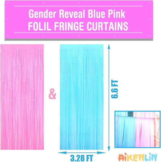 4 Pack 3.2Ft x 6.6Ft Macaron Pink Blue Foil Fringe Curtain Backdrop, Metallic Tinsel Foil Fringe Streamers Curtains for Photo Booth, Gender Reveal Backdrop Boy or Girl Birthday Party Decoration New