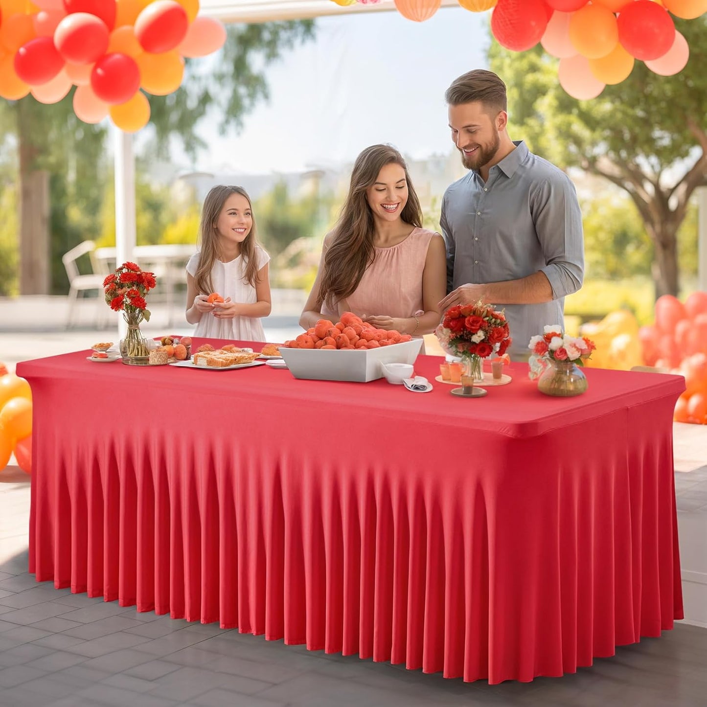 PARTISKY Red Spandex Tablecloth for 6ft Rectangle Tables, Stretchable Table Cover Skirt for Folding Tables Weddings Parties Banquets Events Trade Shows and Dessert Table