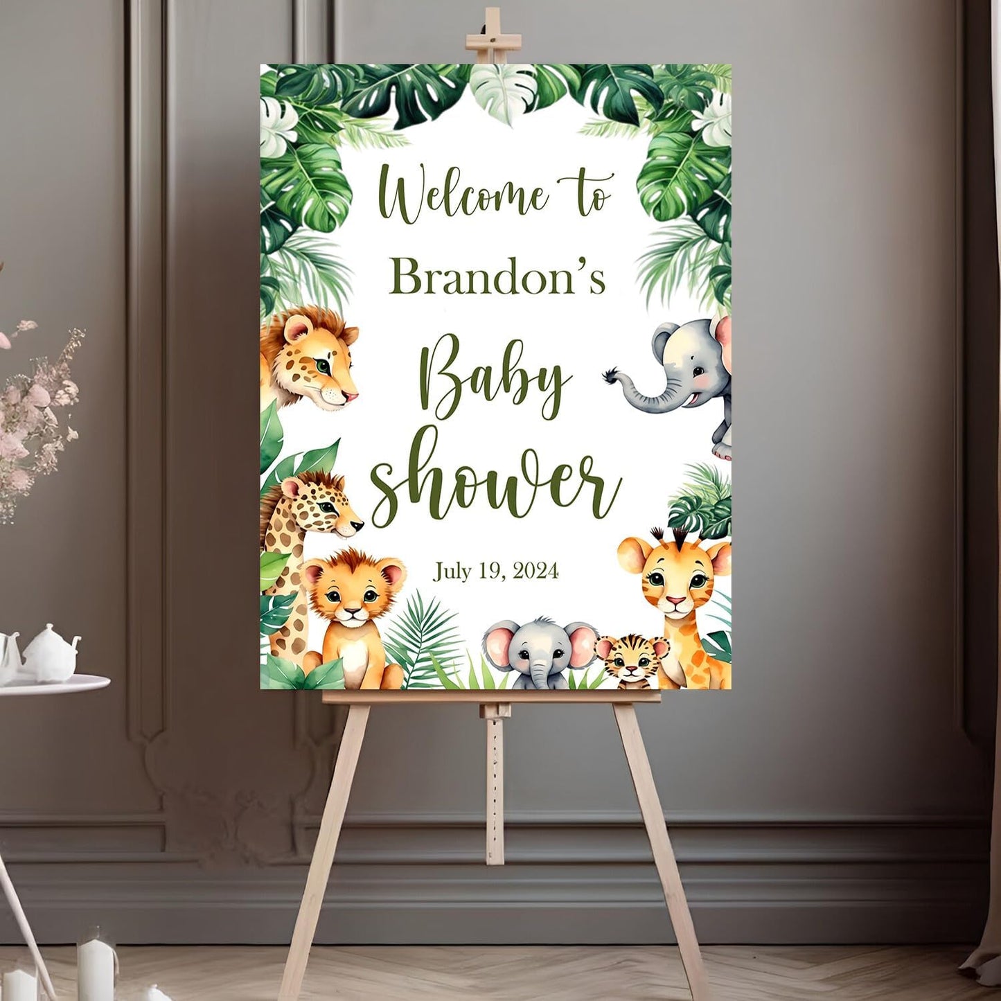 Custom Baby Shower Sign, Baby Sign For Baby Shower, Lion Zebra Deer Elephant Theme Baby Shower Decorations, Safari Greenery Baby Shower Decorations, Welcome Baby Shower Sign