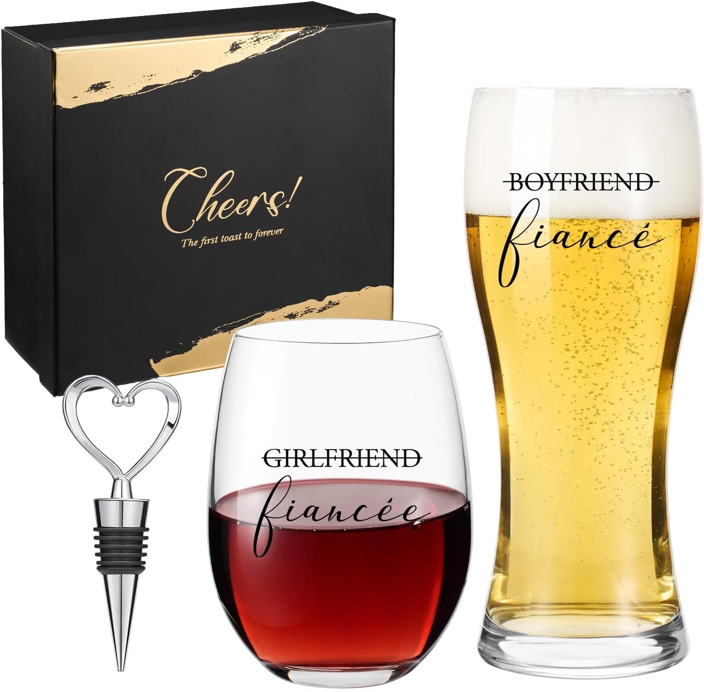 AW BRIDAL Engagement Gifts for Couples and Women, Fiance Wine Glasses and Beer Mug Set for Her, Newly Wed Gift for the Couple 2025, Mr and Mrs Wedding Beer Mug with Wine Stopper for Bride to Be