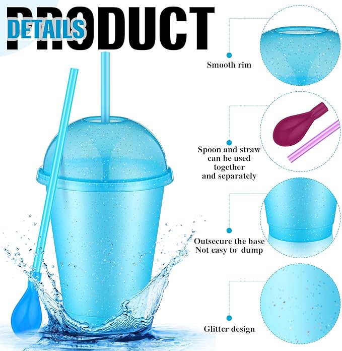 6 Set Slushie Cups with Dome Lids and Straws Detachable Spoon Straws Reusable Plastic Iced Coffee Cups Smoothie Tumbler for Birthdays Summer Party Supplies(Pastel Blue,16 oz)