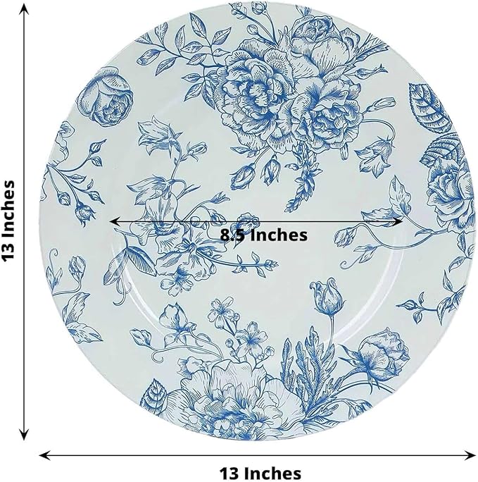 Efavormart 6 Pack White Blue Floral Acrylic Charger Plates in French Toile Pattern, Round Dinner Charger Event Tabletop Decor - 13"