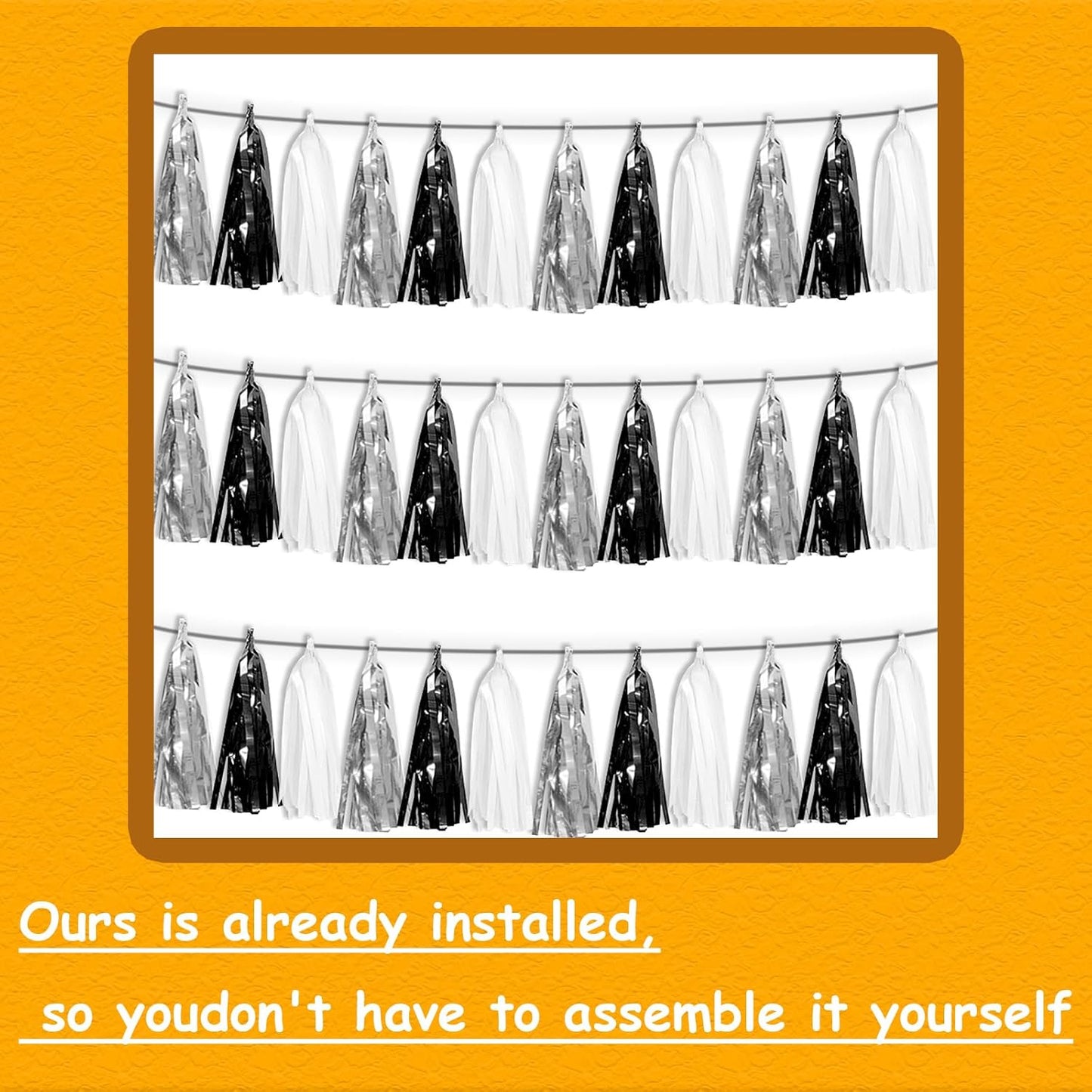 3P Black Silver white Tassel Banner Garland Metallic Foil Fringe Banner Tinsel Tassels Streamer Banner Backdrop for Parade Floats, Graduation Decorations, Halloween, Christmas Decorations