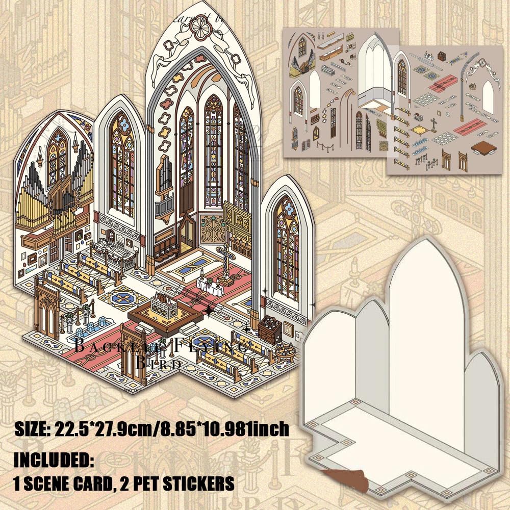 Fabulous Cathedral Architecture Scenery Stickers, DIY Miniature Scrapbooking Supplies, Vintage Library Scenes, Fun World PET 3D Landscape Sticker, Crafting Decorative Paper for Relief Stress