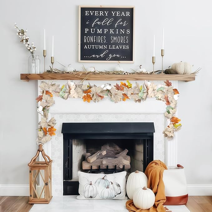 Fall Garland with Pumpkins and Berries – 6ft Artificial Maple Leaf Garland with Cream and Orange Leaves for Thanksgiving, Fireplace, Front Door, Farmhouse Autumn Decorations
