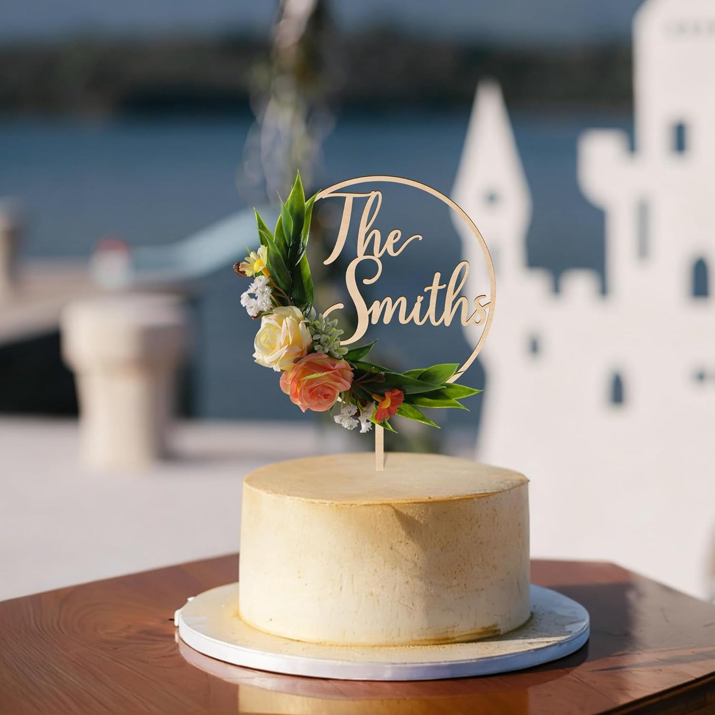 3D Flowers Wedding Cake Topper Custom Last Name Wedding Cake Decoration in Wood with 3D Artificial Roses