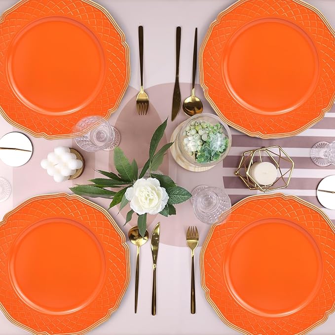 Orange Scallop Charger Plates, Set of 6 Plastic Wedding Bulk Plate Charges for Dinner Plates, Table Decoration, Holiday, Thanksgiving, Christmas.