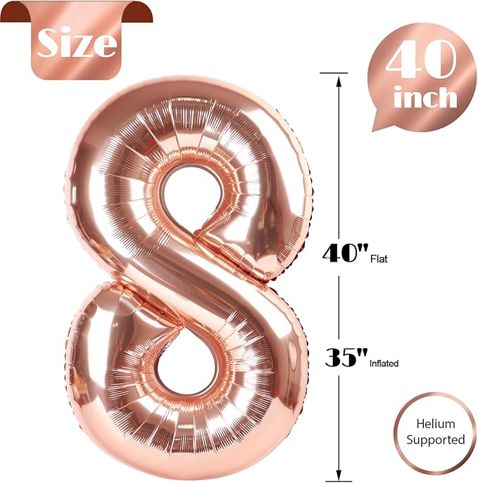 Rose Gold Number 8 Balloon 40 Inch, 8th Birthday Party Decorations for Children, Giant 8 Foil Balloon for Party Supplies