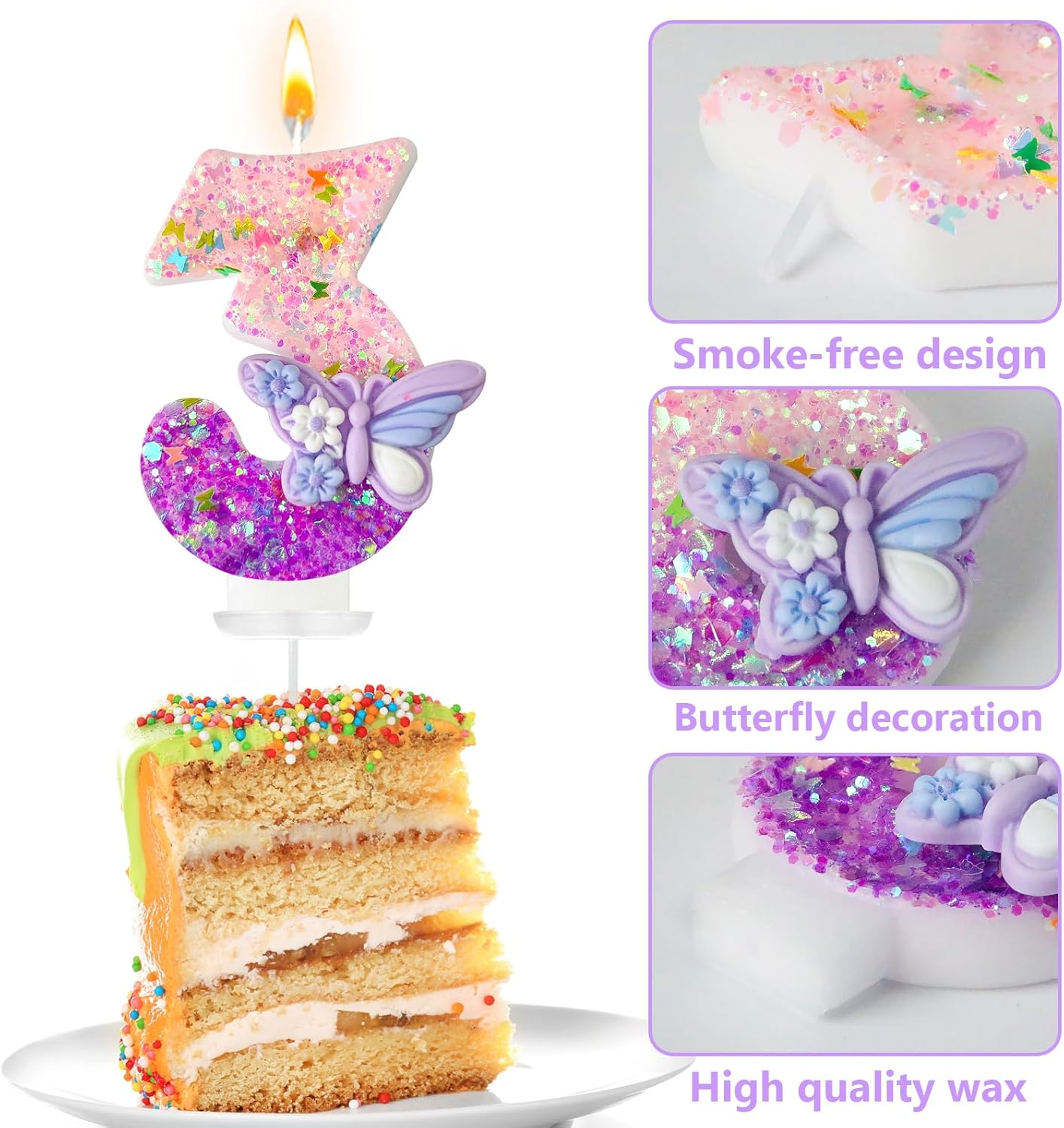 HXOUSE Butterfly Number 3 Birthday Candles - Pink & Purple Butterfly Birthday Candles for Cake, 3 Candle Topper for Anniversary Celebrations Supplies, Fairy Party Decorations for Girl (Number 3)