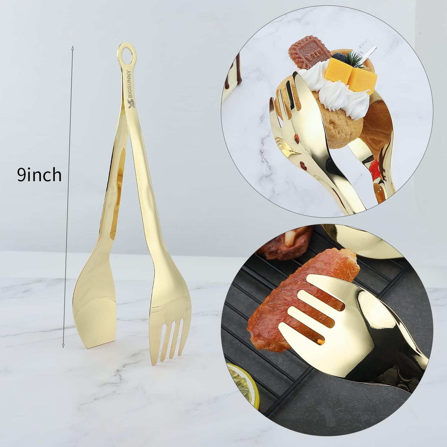 MSY BIGSUNNY Kitchen Tongs Cooking Tong - Stainless Steel Food Serving Tongs Set of 2(Gold, 9 inch)