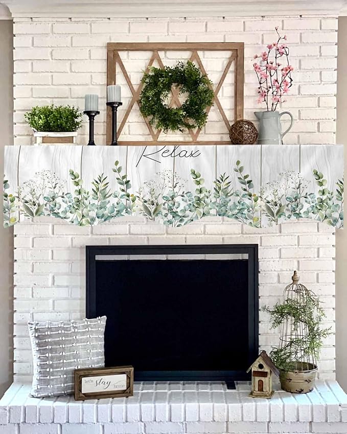 Green Eucalyptus Leaves Fireplace Mantel Scarf Table Runner, Summer Botanical Vintage Wooden Winter Garland Mantel Top Tablerunners Dresser Scarves Decorations for Windows Party Living Room 60''x17''